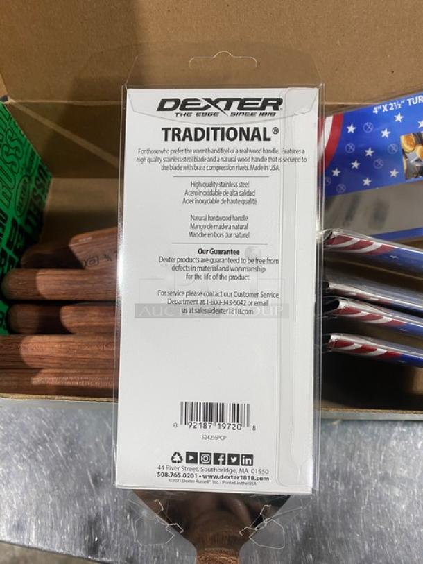 Brand new Dexter Russell S242 stainless steel turner, 4"x2", wooden handle, commercial grade. Packaging intact.