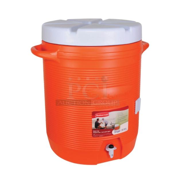 Brand new Rubbermaid 10 Gal. orange insulated beverage jug, Model 1610, with white screw-on lid and thumb-trigger spigot.