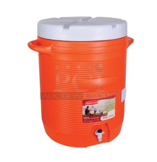 Brand new Rubbermaid 10 Gal. orange insulated beverage jug, Model 1610, with white screw-on lid and thumb-trigger spigot.