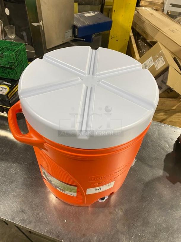 Rubbermaid Commercial 10 Gal. insulated orange jug, model 1610, with white screw-on lid and thumb-trigger spigot, brand new.