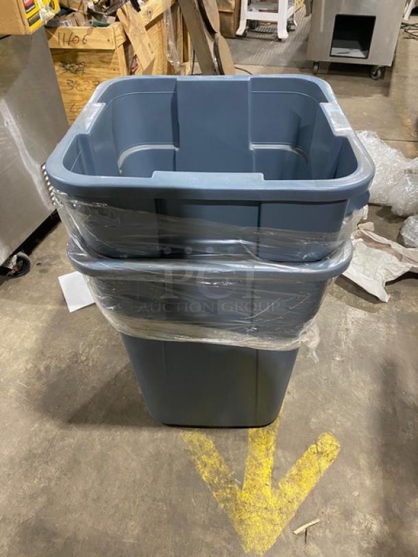 Brand new Rubbermaid Commercial gray square trash can with handles. Wrapped in plastic, excellent condition, ready for use.