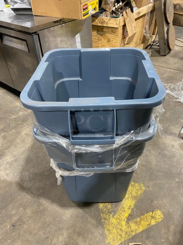Rubbermaid Commercial gray square trash can, brand new with handles, shrink-wrapped.