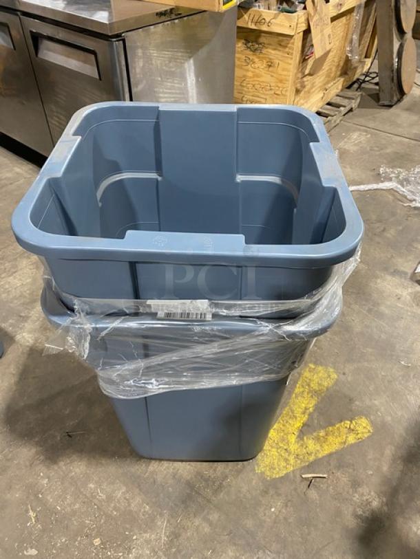 Brand new Rubbermaid Commercial gray square trash can with handles, wrapped in plastic, in excellent condition.