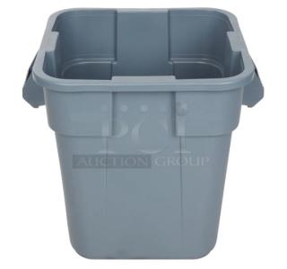 Brand new Rubbermaid Commercial gray square trash can with handles. Durable plastic construction, modern design.