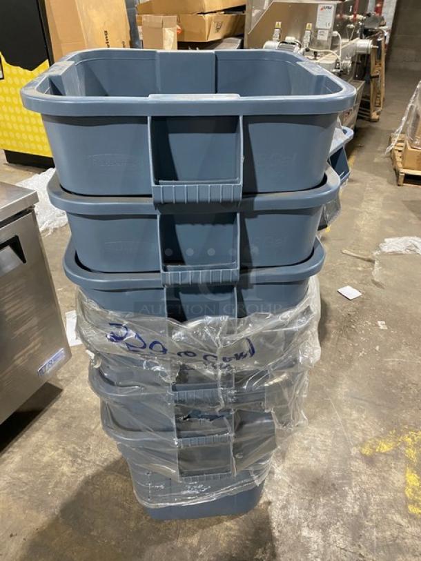 Brand new Rubbermaid Commercial gray square trash can with handles, stackable, wrapped in plastic, pristine condition.