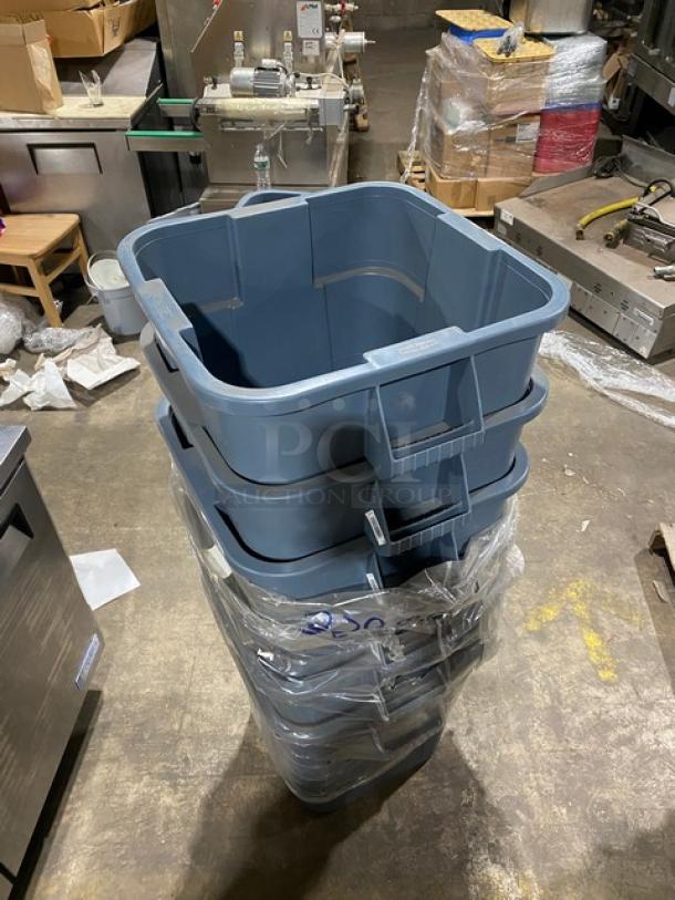 Brand new Rubbermaid Commercial gray square trash can with handles, stacked, wrapped in plastic, in excellent condition.