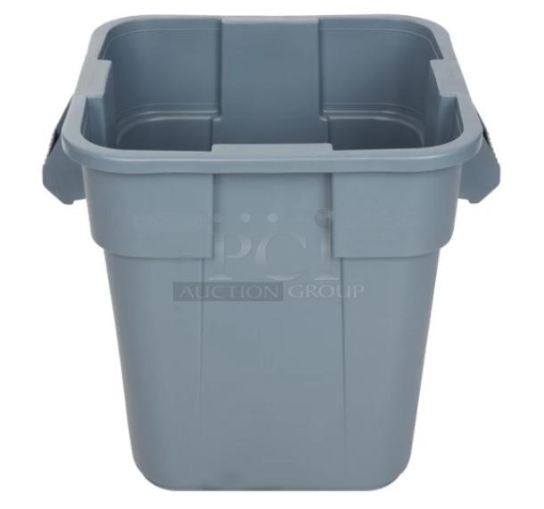 Brand new Rubbermaid Commercial gray square trash can with handles, durable design, perfect for waste management.