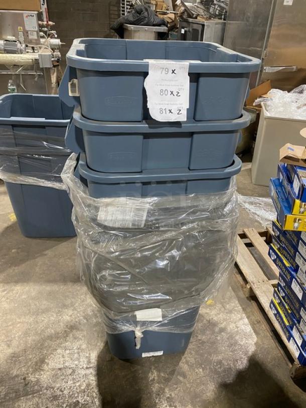 Brand new Rubbermaid commercial gray square trash can with handles, stacked and wrapped in clear plastic.