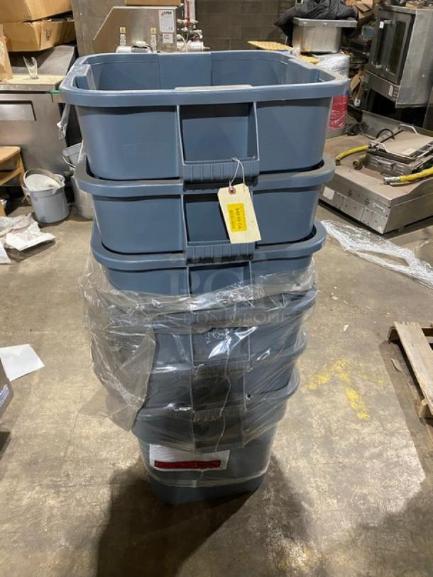 Brand new Rubbermaid Commercial gray square trash can set with handles, stacked, tagged, in plastic wrap.