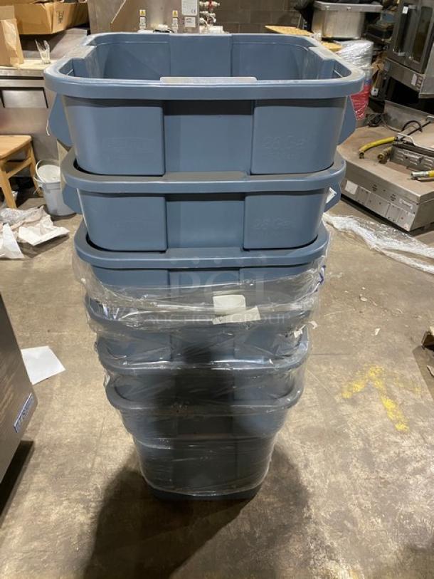 Brand new Rubbermaid Commercial gray square trash can with handles, stacked, wrapped in plastic. Durable design.