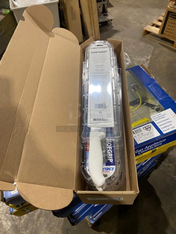 Dexter Russell SofGrip 14" Duo-Edge Slicer, model SG140-14WGE, in original packaging with white handle, brand new condition.