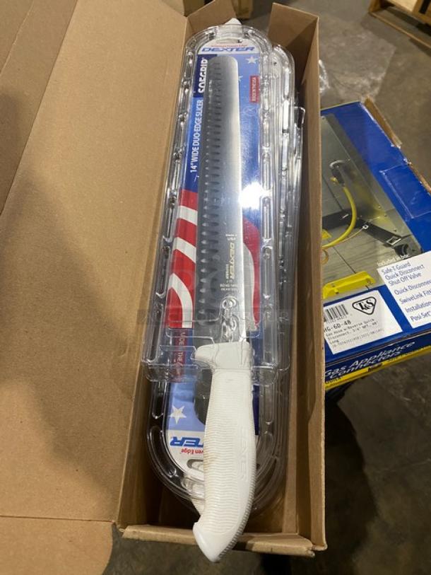 Dexter Russell SG140-14WGE stainless steel slicer, 14" duo-edge blade, white SofGrip handle, brand new in packaging.