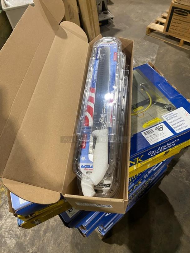 Brand new Dexter Russell SG140-14WGE 14" duo-edge slicer, stainless steel, white SofGrip handle, in original packaging.