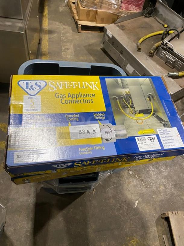 BRAND NEW T&S Brass Safe-T-Link 48” gas appliance connector hose, Model HG-6D-48, in box. Box shows extruded coating, welded fittings.