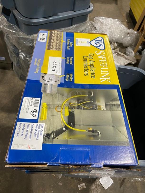 BRAND NEW T&S Brass Safe-T-Link Series 48” Gas Appliance Connector Hose, Model HG-6D-48, in sealed box.