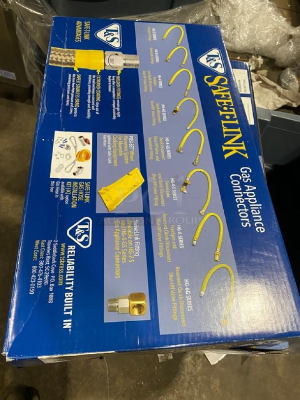 Brand new T&S Brass Safe-T-Link 48” gas appliance connector hose, model HG6D48, in original packaging.