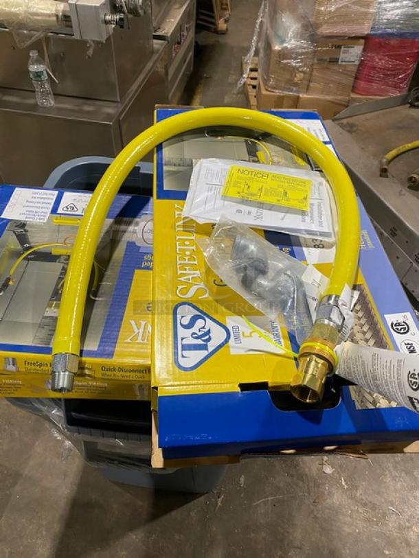 Brand new T&S Brass HG-6D-48 gas appliance connector hose, Safe-T-Link series, 48” long, with free-spin reversed quick-disconnect feature.