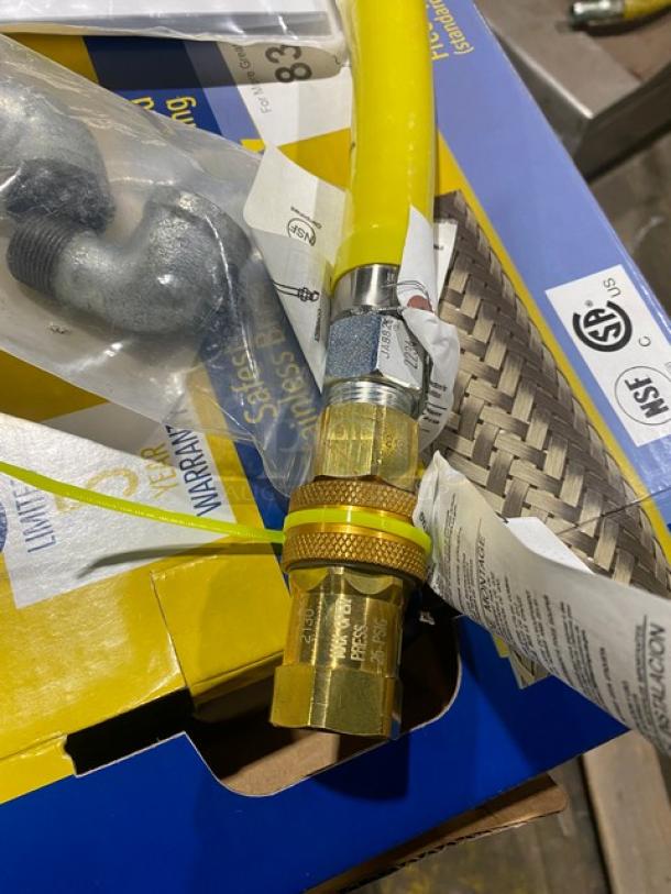 Brand new T&S Brass Safe-T-Link Series 48” gas appliance connector hose, Model HG-6D-48, with quick-disconnect feature.