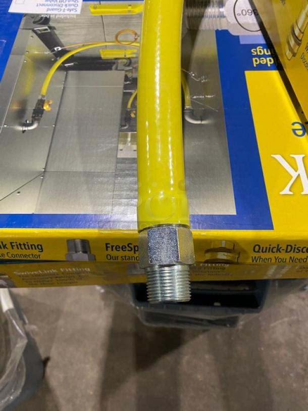 Brand new T&S Brass Safe-T-Link Series 48” free-spin gas connector hose, model HG6D48, with quick-disconnect fitting.
