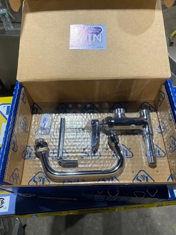 T&S Brass B0155LNEZ EasyInstall add-on faucet, polished chrome, new in box with installation parts visible.