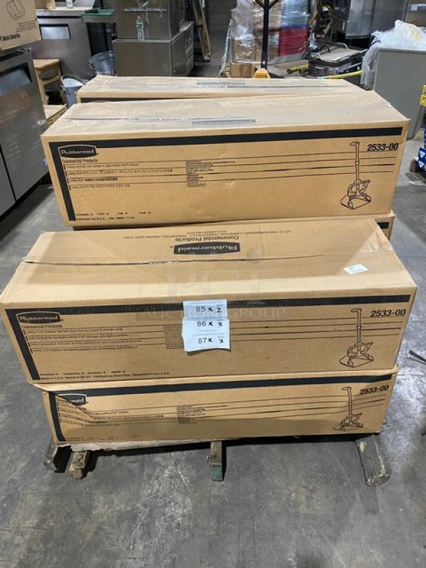 Rubbermaid Lobby Pro Deluxe black upright dustpan, Model FG253300BLA, brand new in box, 6 per case, 3 boxes shown.