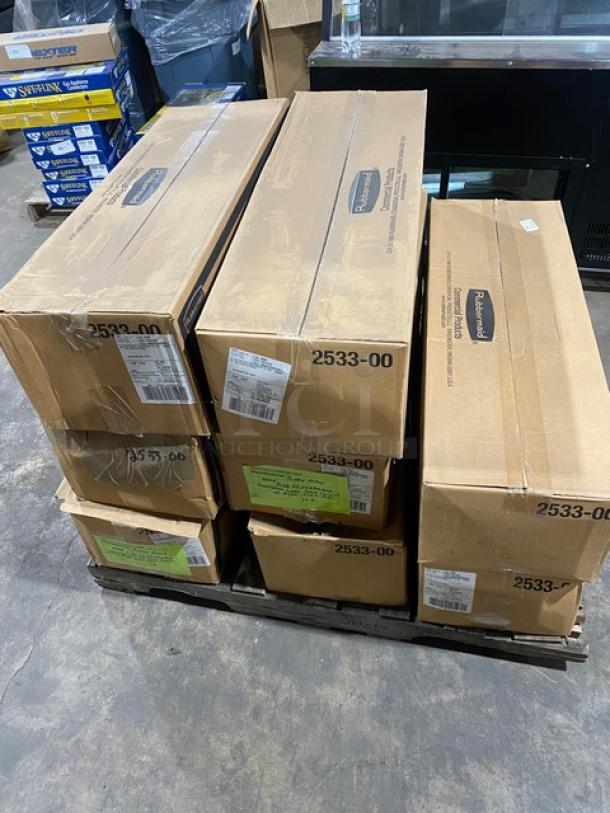 Boxes of Rubbermaid Lobby Pro Deluxe Series black upright dustpans, model FG253300BLA, brand new, 6 per case.