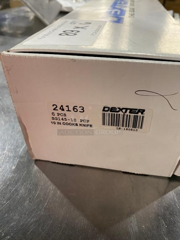 Dexter Russell SofGrip 10" Cook's Knife, Model SG145-10, brand new in box with white handle. Box label shows model and piece count.