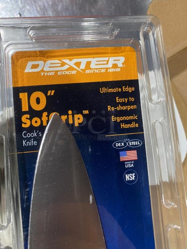 Dexter Russell SofGrip 10" Cook's Knife, Model SG145-10, new condition, stainless steel blade, white ergonomic handle, Made in USA.