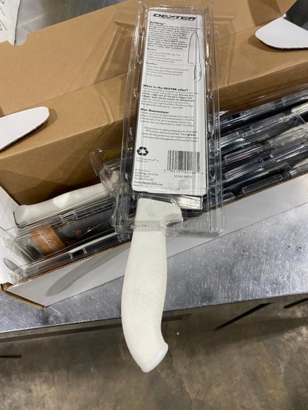 Dexter Russell 10" Cook's Knife SG145-10, new in package, with white SofGrip handle; commercial stainless steel blade.