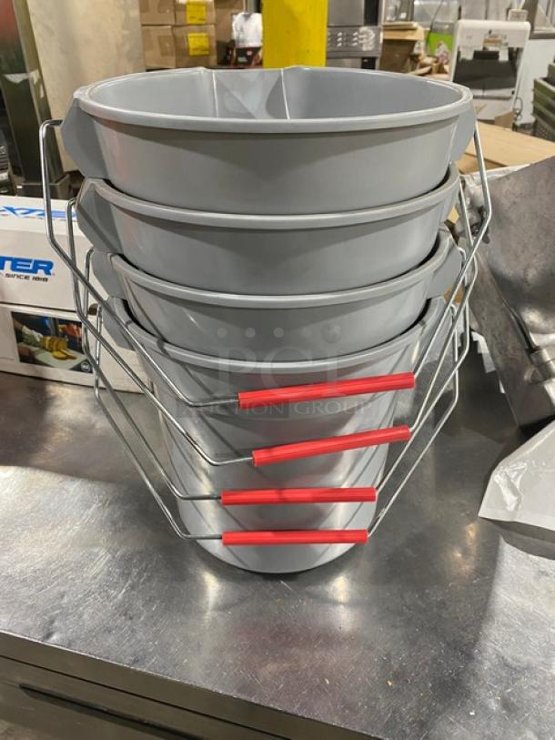 Brand new Rubbermaid FG296300GRAY gray 10 Qt. round utility/mop bucket with red pail-style handle, stack of four.