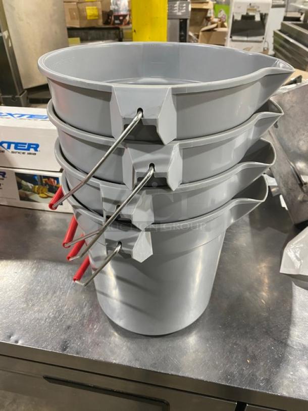 Rubbermaid Commercial 10 Qt. Gray Mop Buckets, Model FG296300GRAY, with pail handles, stacked, brand new condition.