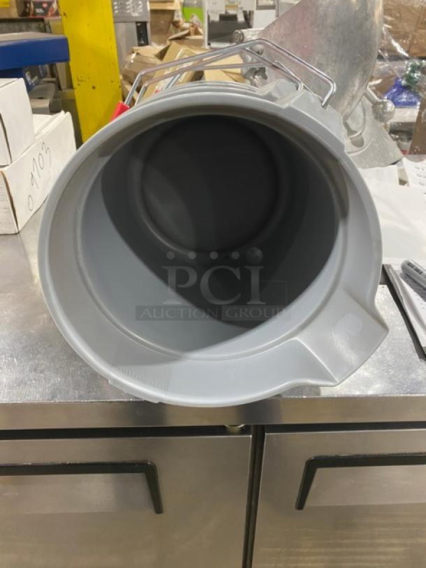Brand new Rubbermaid 10 Qt. gray utility/mop bucket, model FG296300GRAY, with pail-style handle.