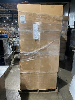 Full pallet of Sabert 55320 Kraft clamshell take-out containers. Brand new, packaged, 420 per case, with vented lids.