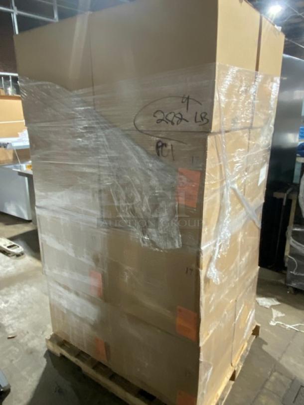 Brand new full pallet of Sabert Model 55320 small kraft clamshell take-out containers, 16x bid, 420 per case, with vents.