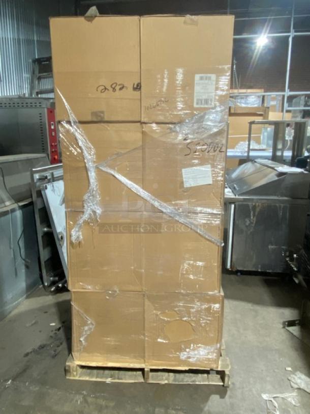 Brand new pallet of Sabert Model 55320 fluted clamshell containers. Kraft material, vented, 420 per case, 16 cases total.