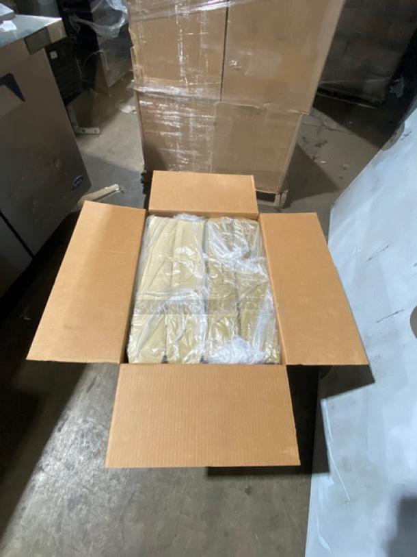 Brand new full pallet of Sabert model 55320 clamshell containers, 420 per case, in open cardboard box, kraft color.