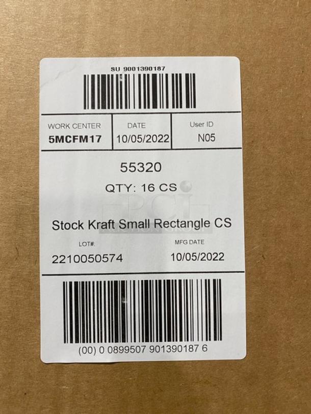 Brand new Sabert Model 55320 kraft small rectangular clamshell containers, full pallet, 420 per case, with vents.