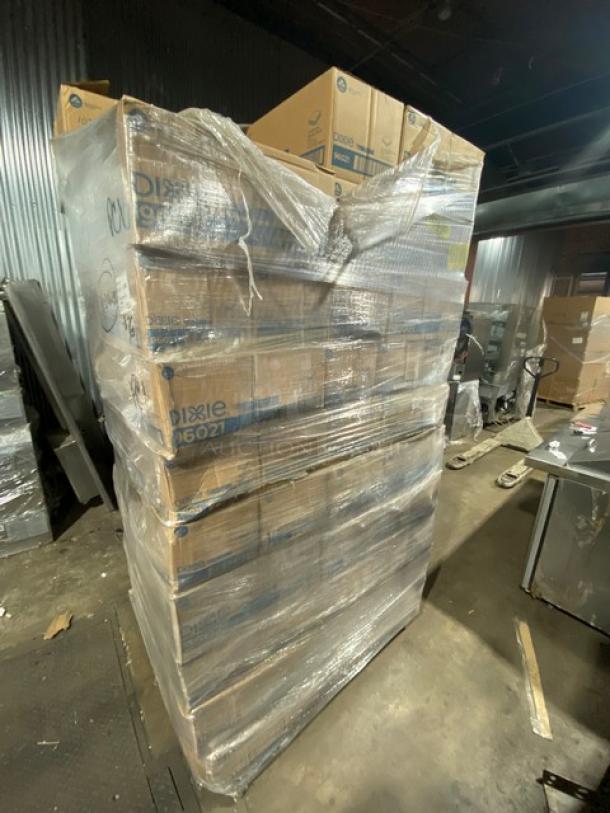 Full pallet of Dixie Commercial 9.5"x9.5" beverage napkins, Model 96021, brand new, wrapped and ready for auction.