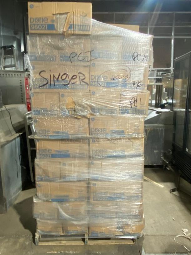 BRAND NEW full pallet of Dixie 96021 9.5"x9.5" beverage napkins, 4,000 per case. Stored in original packaging, wrapped and labeled.