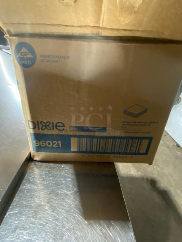 Brand new Dixie model 96021 box of 9.5"x9.5" brown single-ply beverage napkins, 4,000 per case, visible barcode.