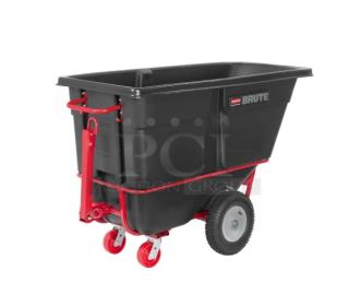 Rubbermaid BRUTE FG131641BLA black rotomolded tilt truck, brand new, with casters. Features sturdy construction for heavy-duty use.