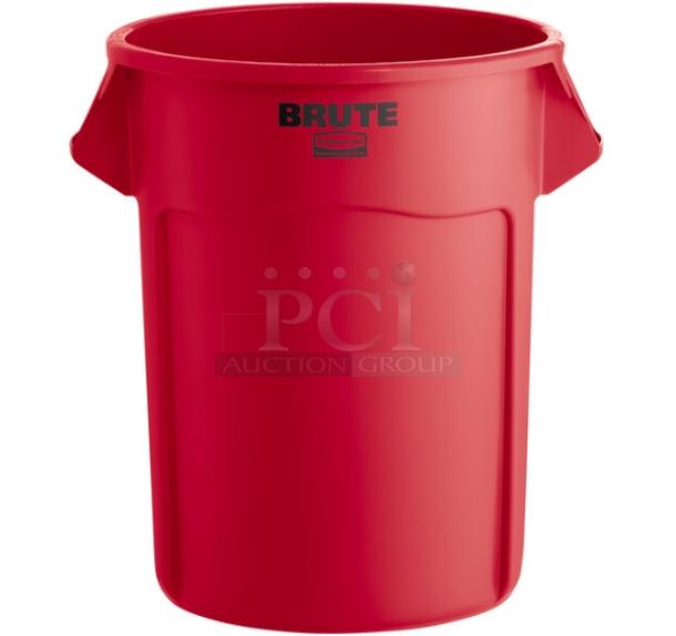 Rubbermaid BRUTE Series red 55-gal commercial trash can, model FG265500RED, with handles, scratch-n-dent condition.