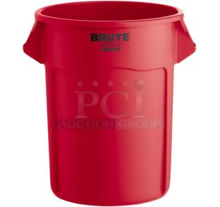 Rubbermaid BRUTE Series red 55-gal commercial trash can, model FG265500RED, with handles, scratch-n-dent condition.