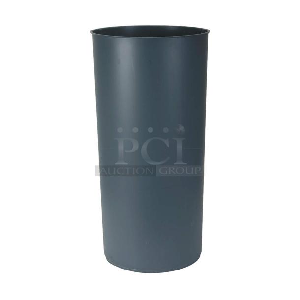 Gray plastic commercial trash can liner, round, scratch-and-dent condition. Durable and ideal for waste management.