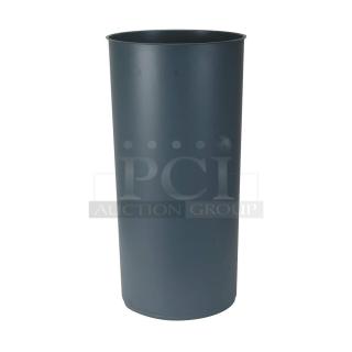 Gray plastic commercial trash can liner, round, scratch-and-dent condition. Durable and ideal for waste management.