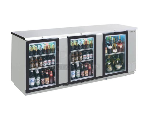Brand new Beverage-Air commercial stainless steel triple glass door back bar merchandiser refrigerator, model BB72HC1FGSS27ALT.