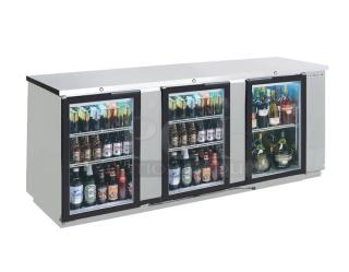 Brand new Beverage-Air commercial stainless steel triple glass door back bar merchandiser refrigerator, model BB72HC1FGSS27ALT.