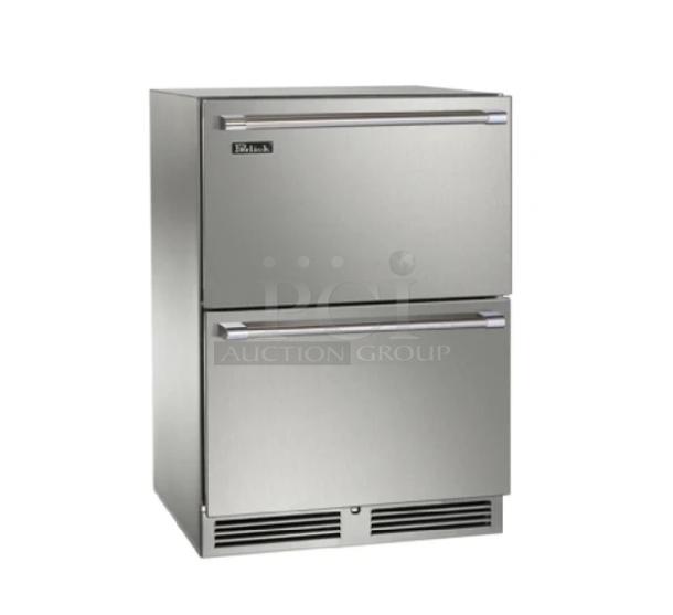 Brand new Perlick ADA Series stainless steel 2-drawer undercounter refrigerator model HB24RS4D00EDFLD. Commercial-grade.