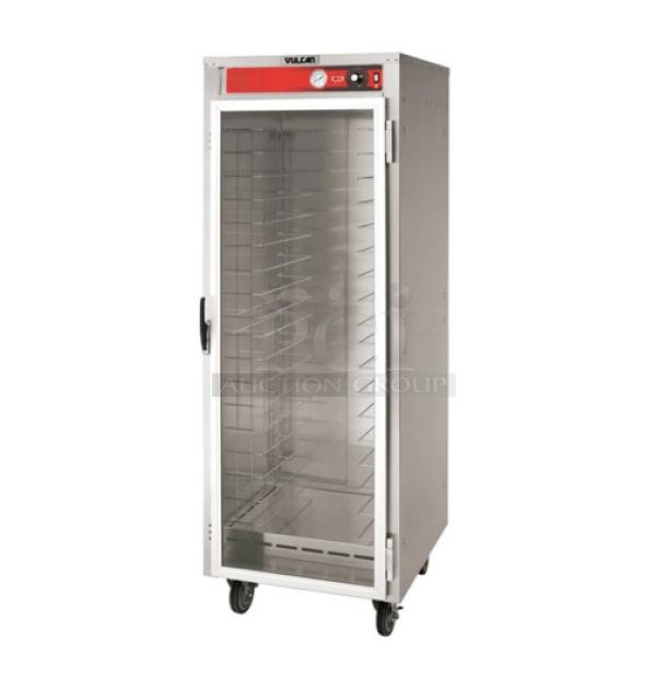 Brand new Vulcan electric heated holding cabinet, model VHFA18-1M3ZN, non-insulated, full-size, 120V, on casters.