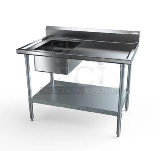 NBR Equipment stainless steel worktop table with undershelf, 72" length, left-side sink, swing spout faucet, backsplash, model PTG1620L6.